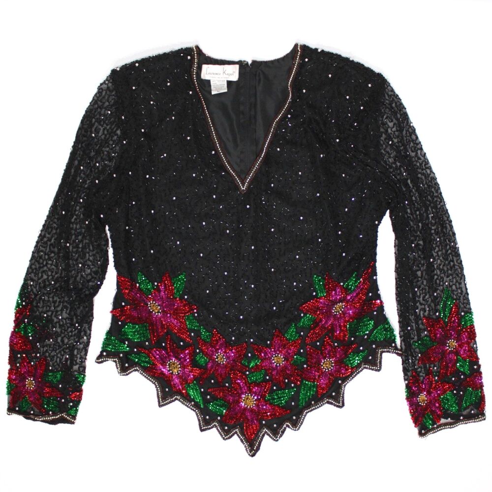 VTG Laurence Kazar 100% Silk Black Bead Sequin Poinsettia Top Christmas Women XL - Picture 2 of 8